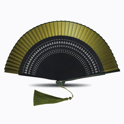 Olive green folding hand fan with black hollow-carved bamboo ribs and matching green tassel, displayed open on a white background