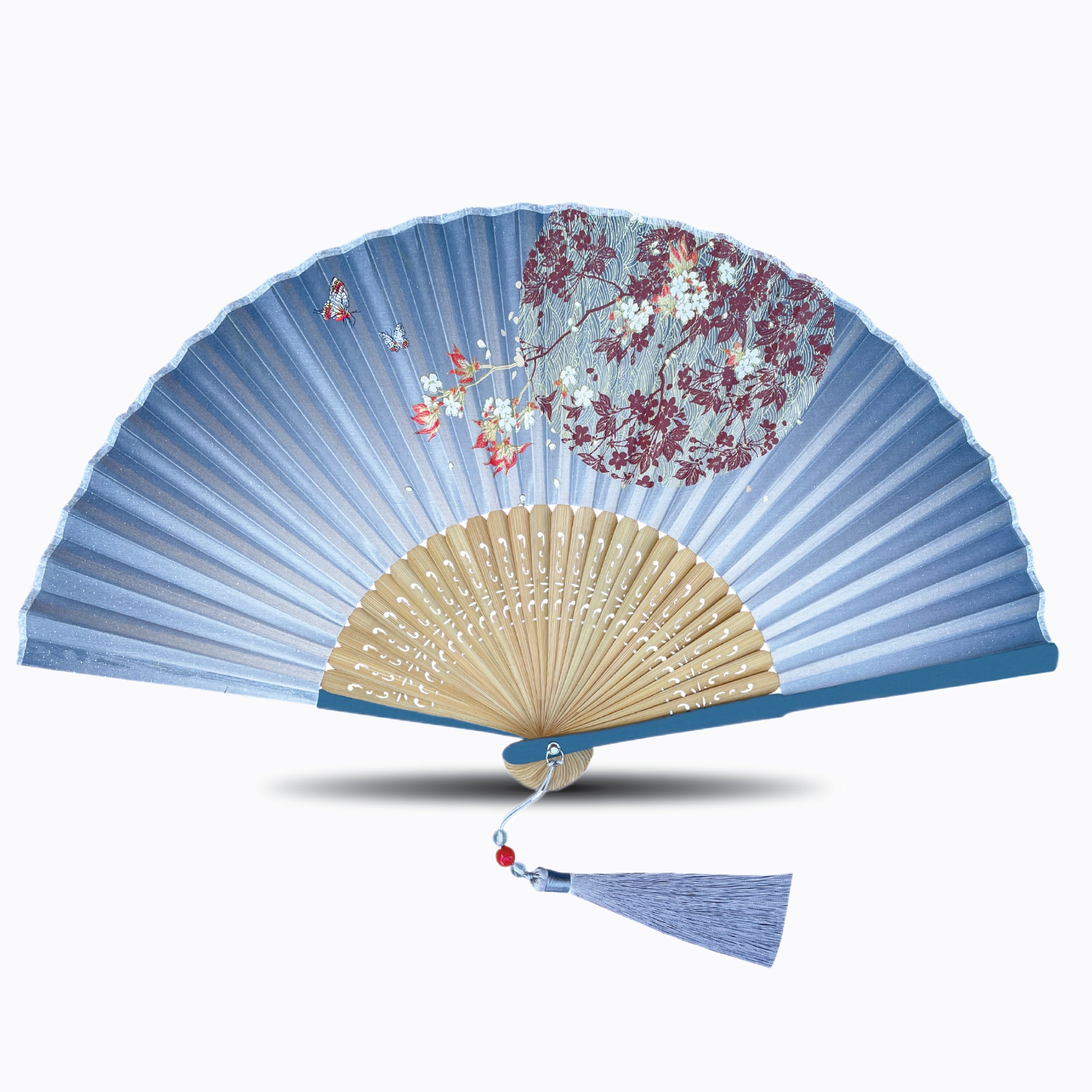 Elegant folding fan with vintage floral and butterfly artwork printed on premium silk fabric, featuring natural bamboo ribs and a coordinating tassel, presented on a white background