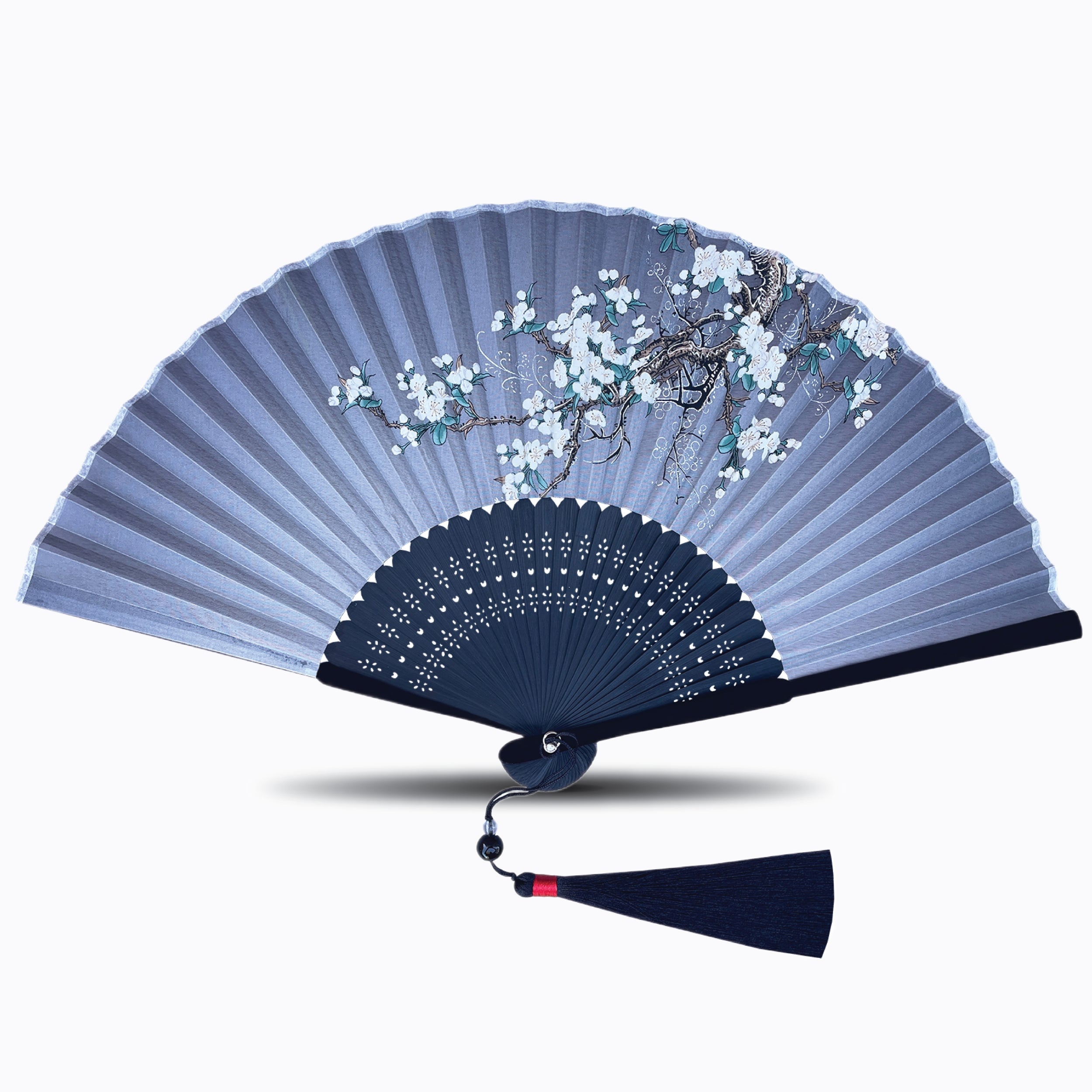 Elegant handheld folding fan featuring delicate cherry blossom branch artwork on premium silk fabric, with finely carved dark bamboo ribs and a matching tassel, presented on a clean white background