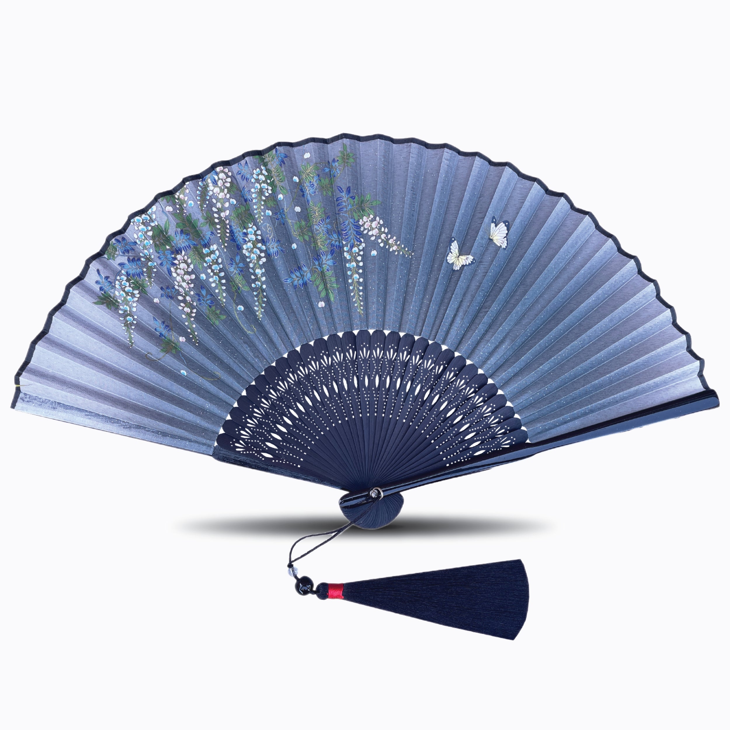 Handheld folding fan with elegant butterfly and floral artwork printed on premium silk fabric, featuring intricately carved bamboo ribs and a dark matching tassel, displayed on a white background