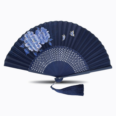Navy blue silk folding hand fan with blue peony flower and butterfly artwork, featuring geometric detailing and a matching blue tassel