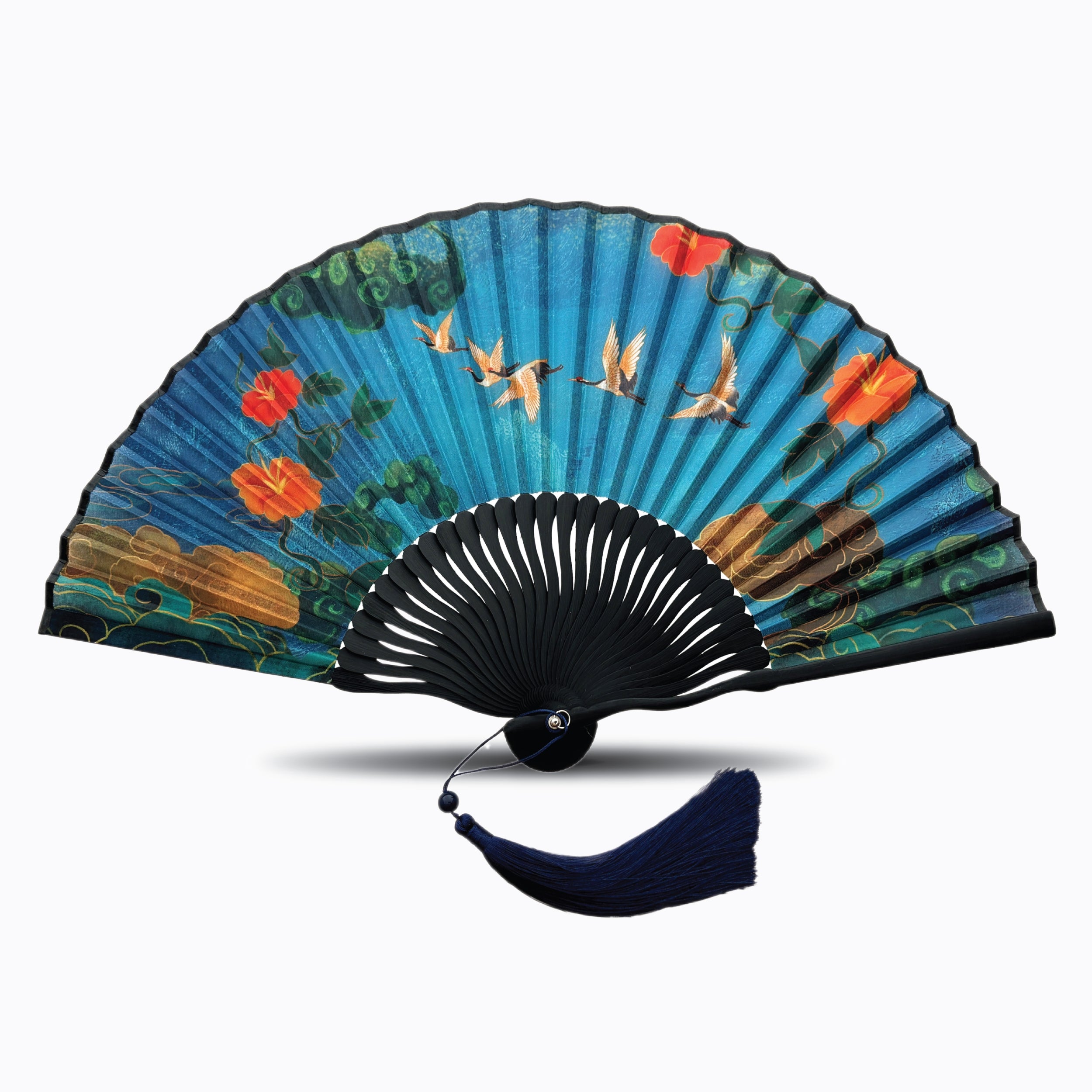 Blue silk folding hand fan featuring vintage artwork of flying birds, red-orange flowers, and swirling green clouds, with black bamboo ribs and a navy tassel