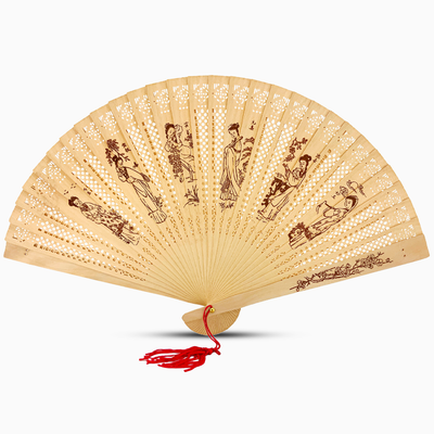 Sandalwood fan featuring an intricate Ladies on face design, showcasing elegant craftsmanship and natural materials.