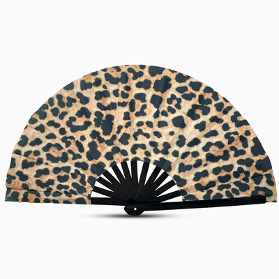 Stylish leopard skin print fan with a black handle, part of the Raveglow series, ideal for vibrant events and gatherings.