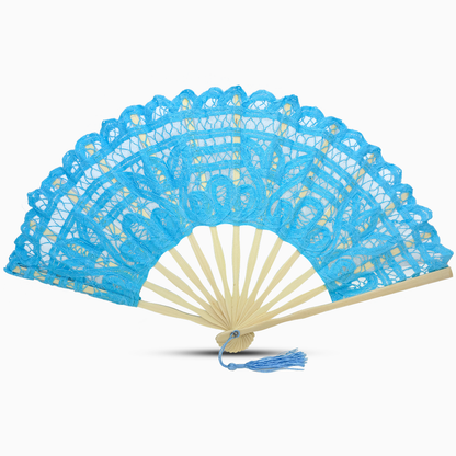 A light blue Battenburg lace hand fan, elegantly designed with intricate lace detailing along the edges.