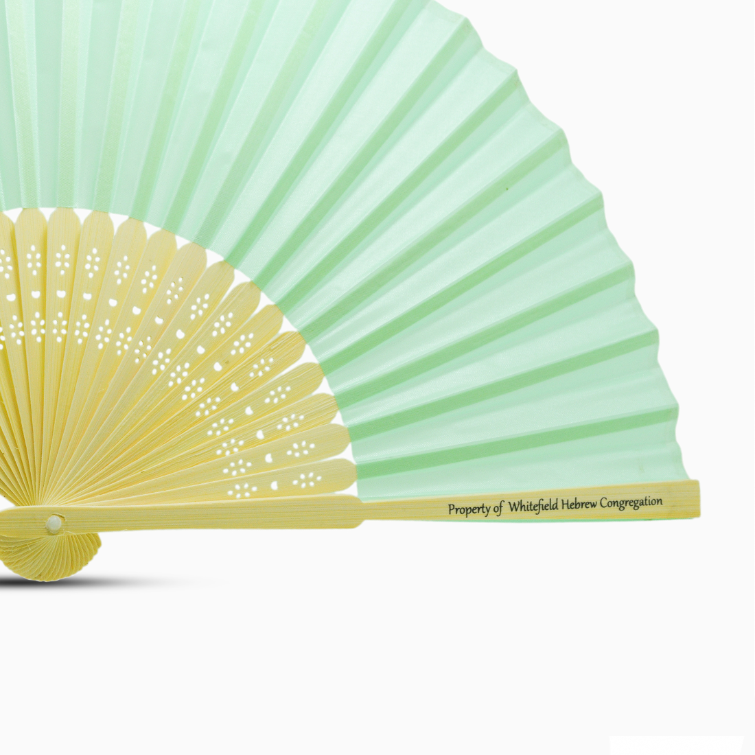 A Light Turquoise solid color hand fan, featuring a personal message printed  on main rib.