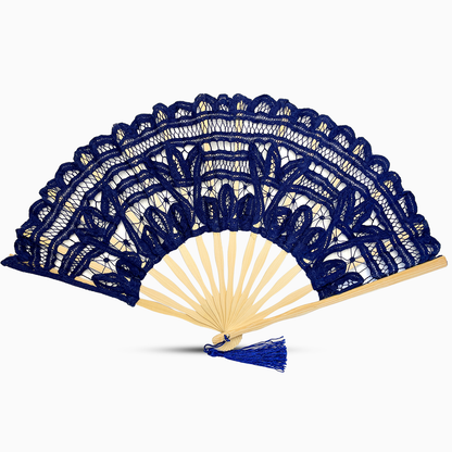 A navy blue Battenburg lace hand fan, elegantly designed with intricate lace detailing along the edges.