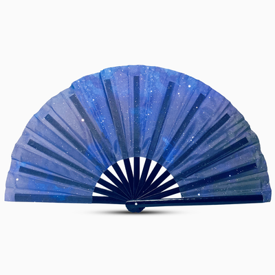 Stylish night sky star print fan with a dark blue handle, part of the Raveglow series, ideal for vibrant events and gatherings.