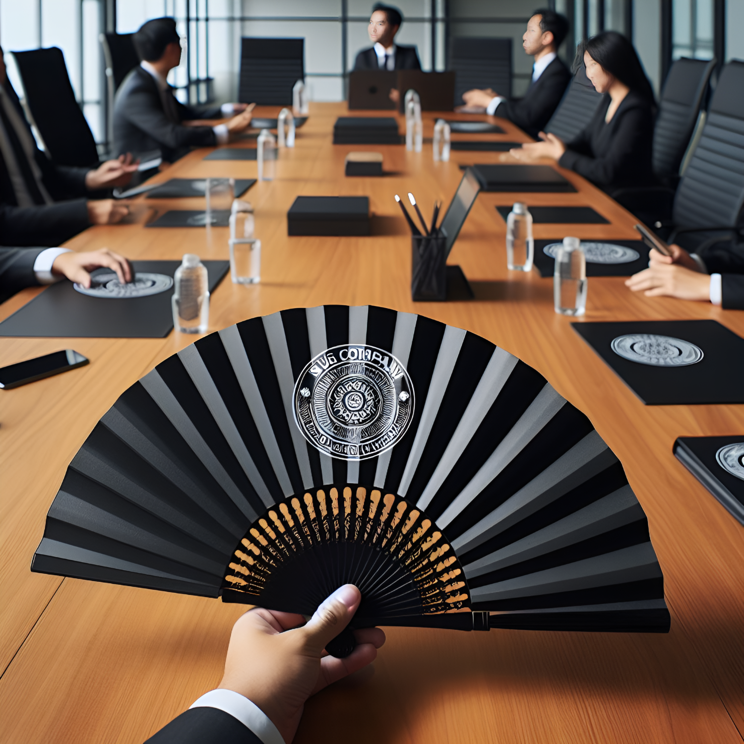 A person holding a black hand fan in a meeting room, providing a cool breeze during a discussion.