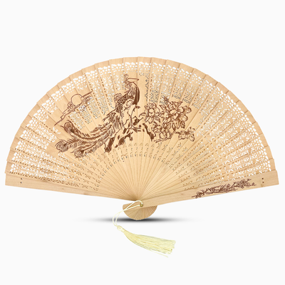 Sandalwood fan featuring an intricate Peacock design, showcasing elegant craftsmanship and natural materials.