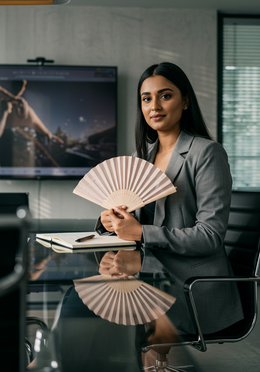 Woman in a professional setting holding a fan and a notebook.