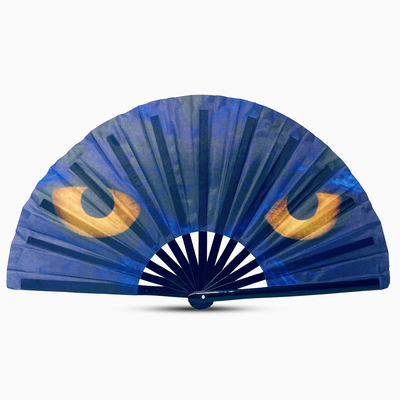 Stylish owl eye print fan with a black handle, part of the Raveglow series, ideal for vibrant events and gatherings.