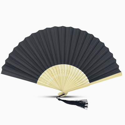 A black paper folding fan featuring a tassel, elegantly designed in a solid color.