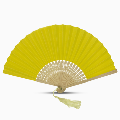 A greenish yellow paper folding fan featuring a tassel, elegantly designed in a solid color.