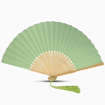 A mint green paper folding fan featuring a tassel, elegantly designed in a solid color.