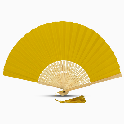 A school bus yellow paper folding fan featuring a tassel, elegantly designed in a solid color.