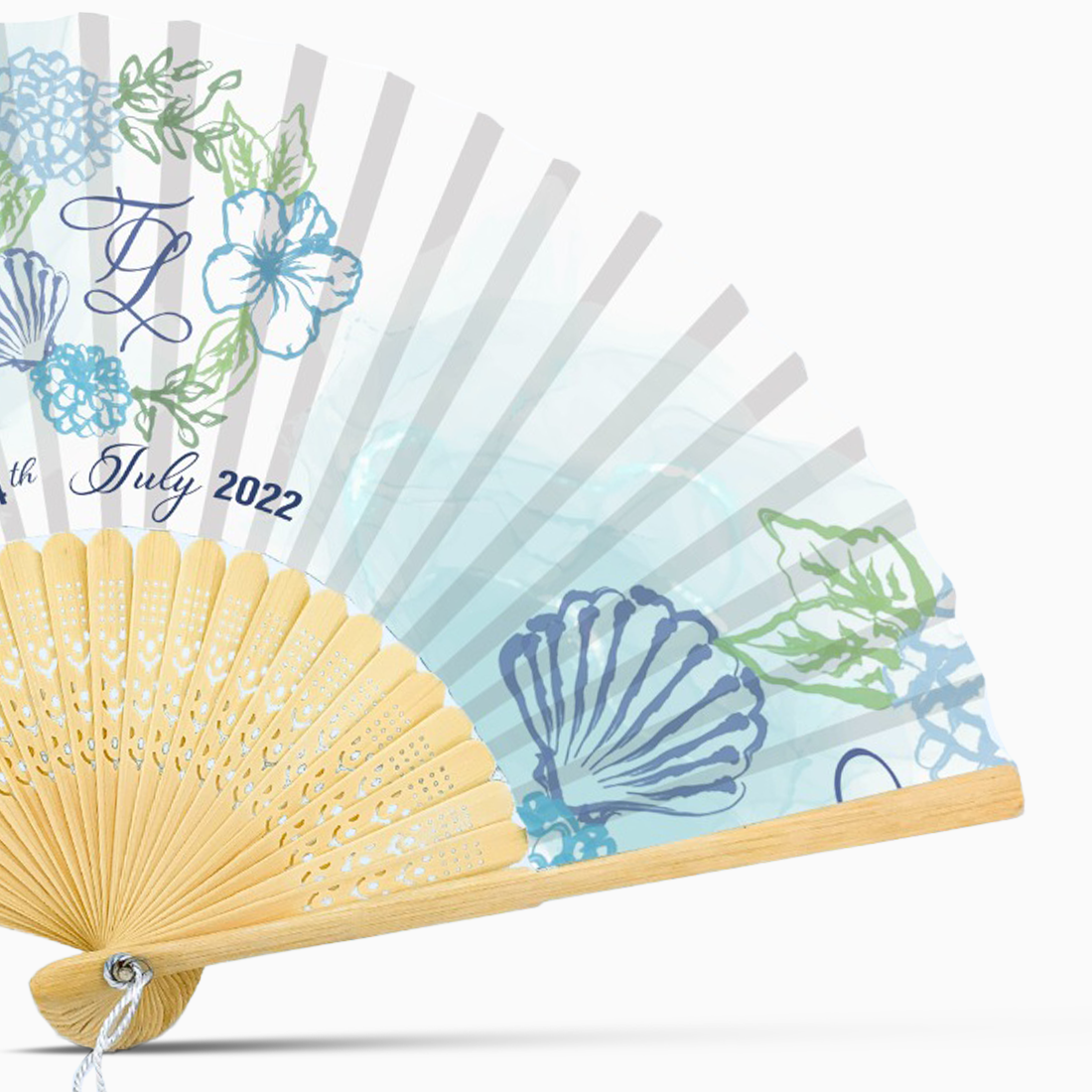 paper hand fan featuring a floral design and wooden rib.