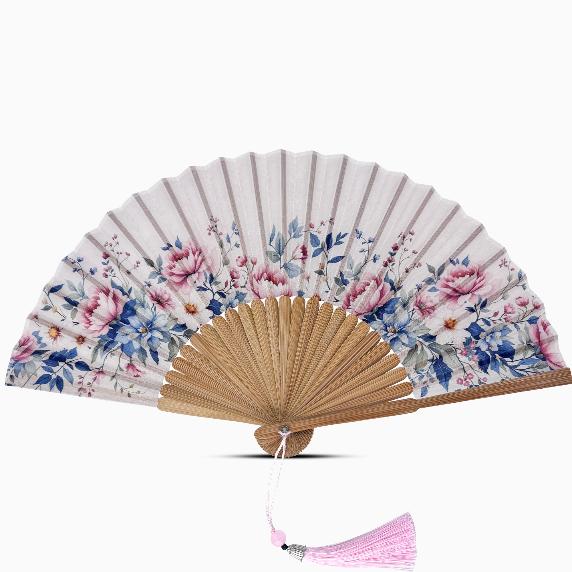 Floral-patterned hand fan with wooden frame on a white background