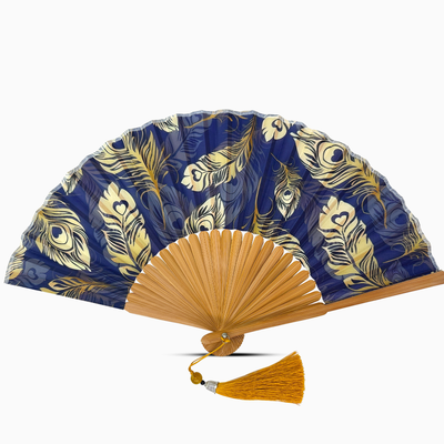 Handheld fan with peacock feather pattern on a white background