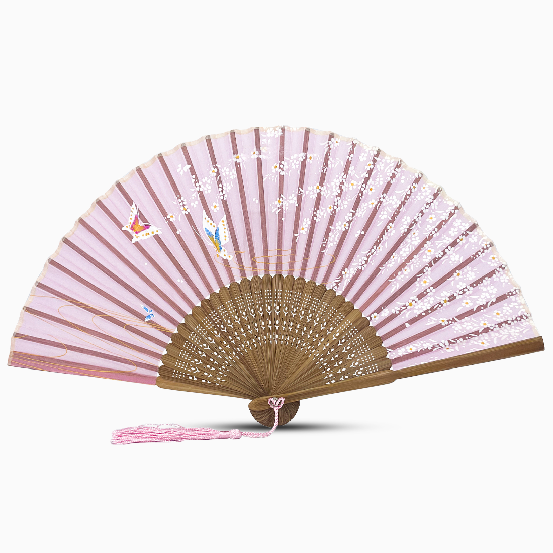 A pink silk hand fan featuring a bird design, supported by bamboo ribs, elegantly displayed against a neutral background.