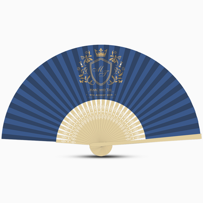 promotional navy blue hand fan with custom gold color logo