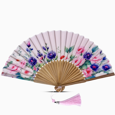 Handheld fan with floral design on a white background