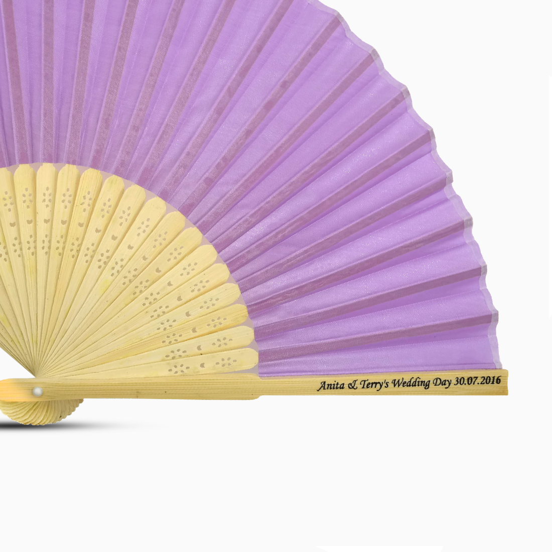 A soft purple solid color hand fan, featuring a personal message printed  on main rib.