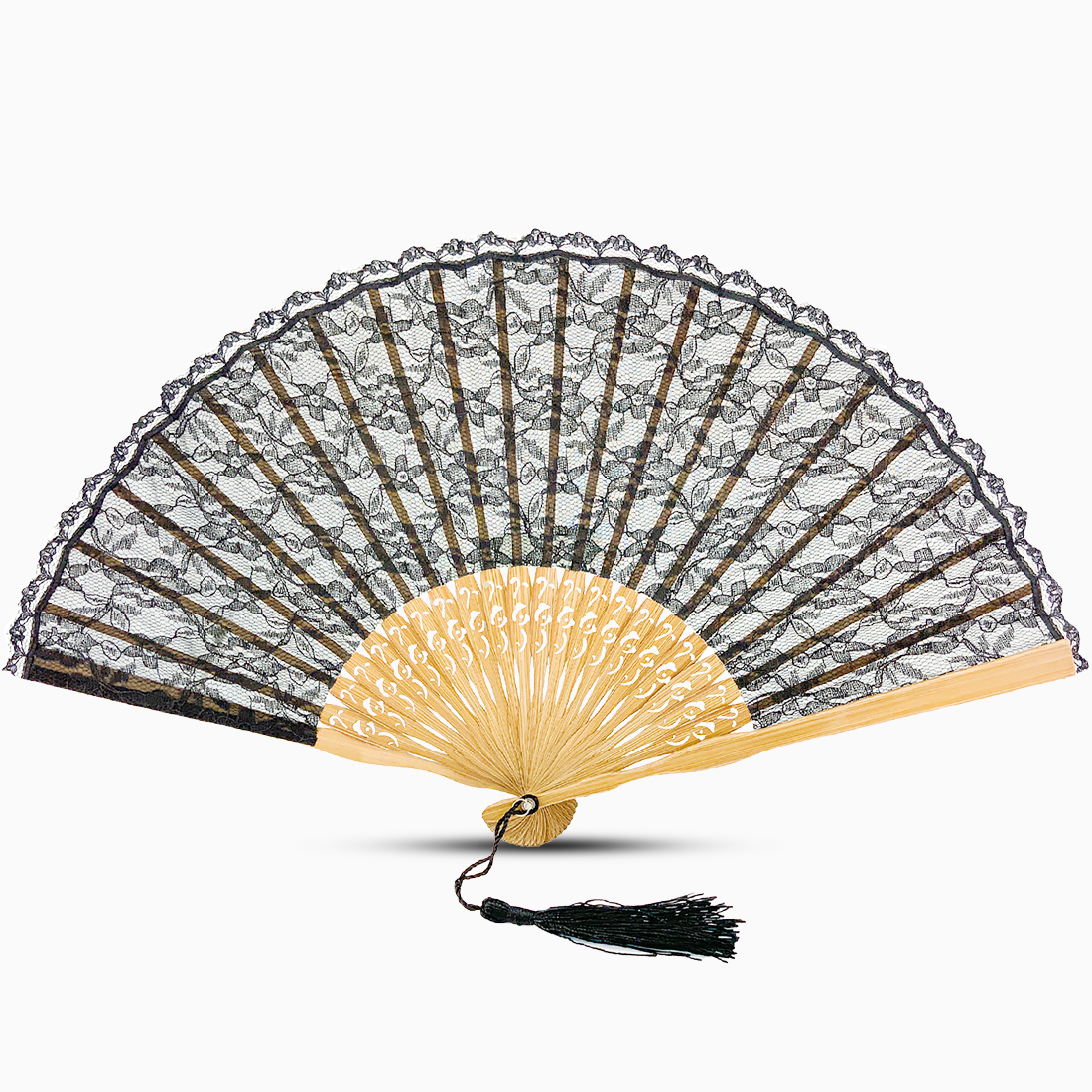 A quality black  lace hand fan and a decorative tassel hanging from the handle.