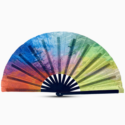 Stylish rainbow fan with a black handle, part of the Raveglow series, ideal for vibrant events and gatherings.