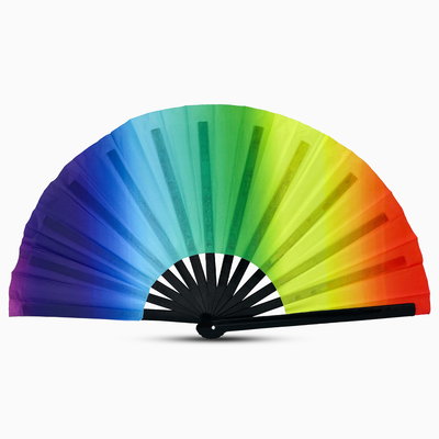 Stylish rainbow fan with a black handle, part of the Raveglow series, ideal for vibrant events and gatherings.