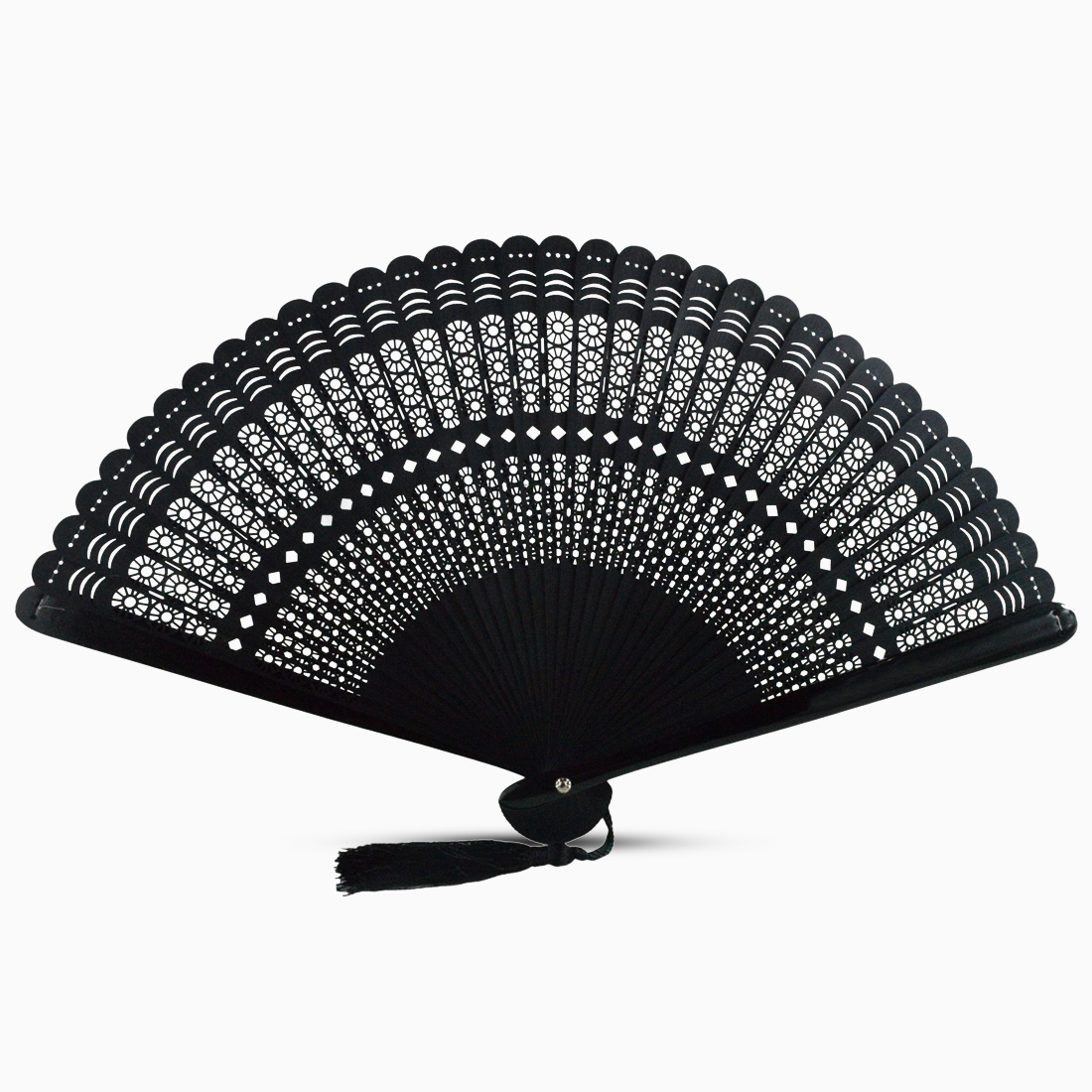  A black wooden hand fan with a round cut design and a decorative tassel attached.
