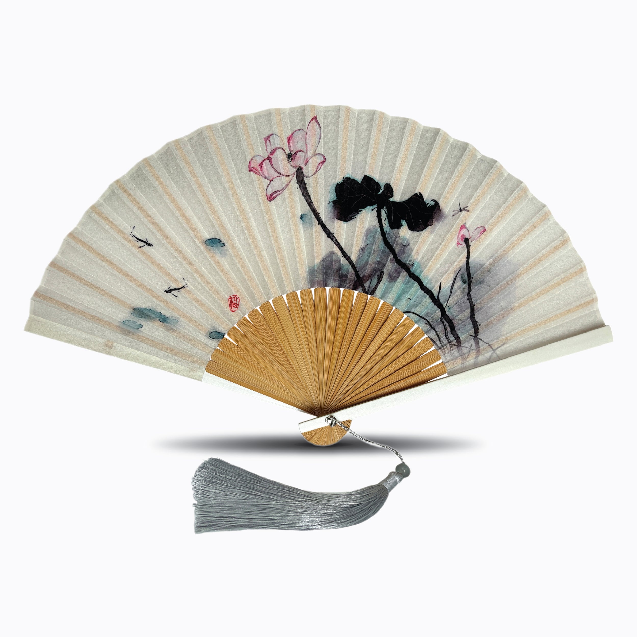 Cream silk folding hand fan with delicate floral and dragonfly watercolor artwork, featuring natural bamboo ribs and a silver-grey tassel