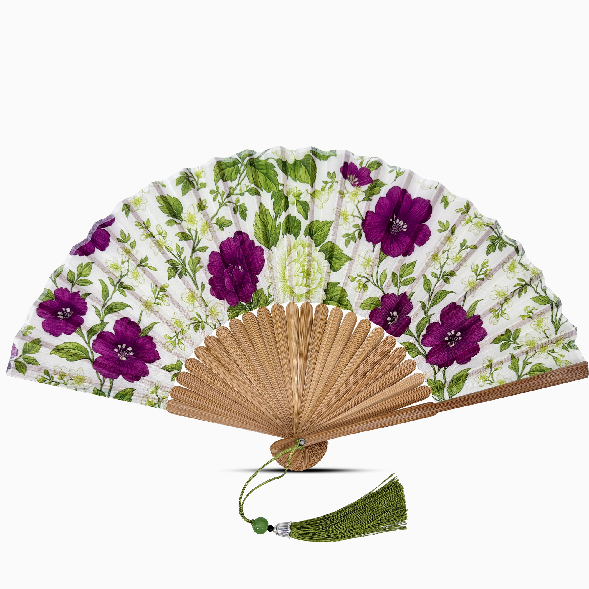 Floral-patterned hand fan on a white background