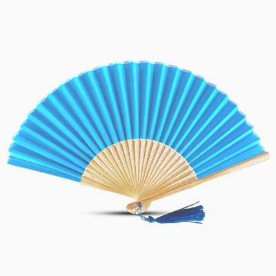 Blue folding fan with a wooden handle on a white background