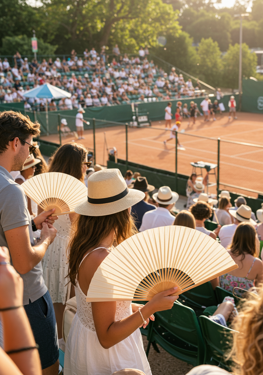  A crowd at a tennis match, with fans enthusiastically waving white hand fans in support of the players