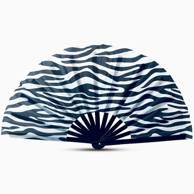 Stylish tiger skin print fan with a black handle, part of the Raveglow series, ideal for vibrant events and gatherings.