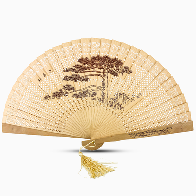 Sandalwood fan featuring an intricate Tree design, showcasing elegant craftsmanship and natural materials.