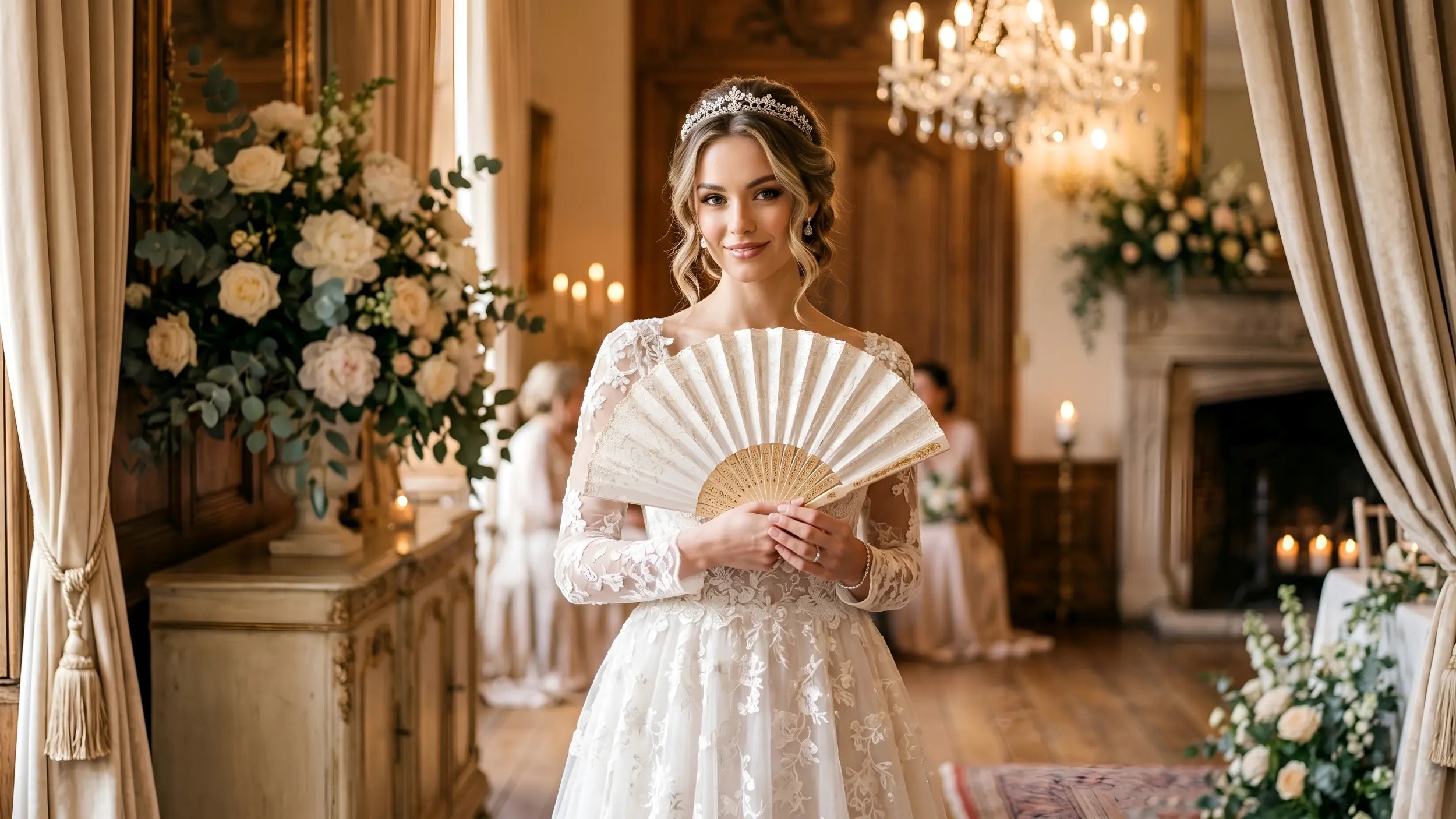 Woman in a white dress holding a fan in an elegant room with floral arrangements and candles.