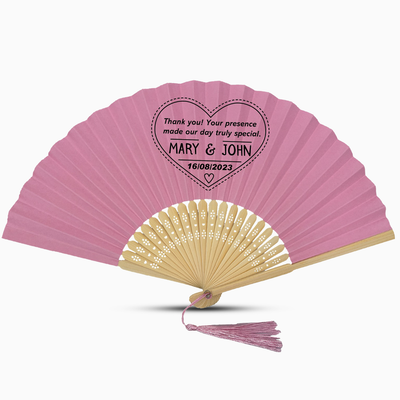 elegant pink color wedding fan with custom logo and text