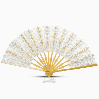 A white Battenburg lace hand fan, elegantly designed with intricate lace detailing along the edges.