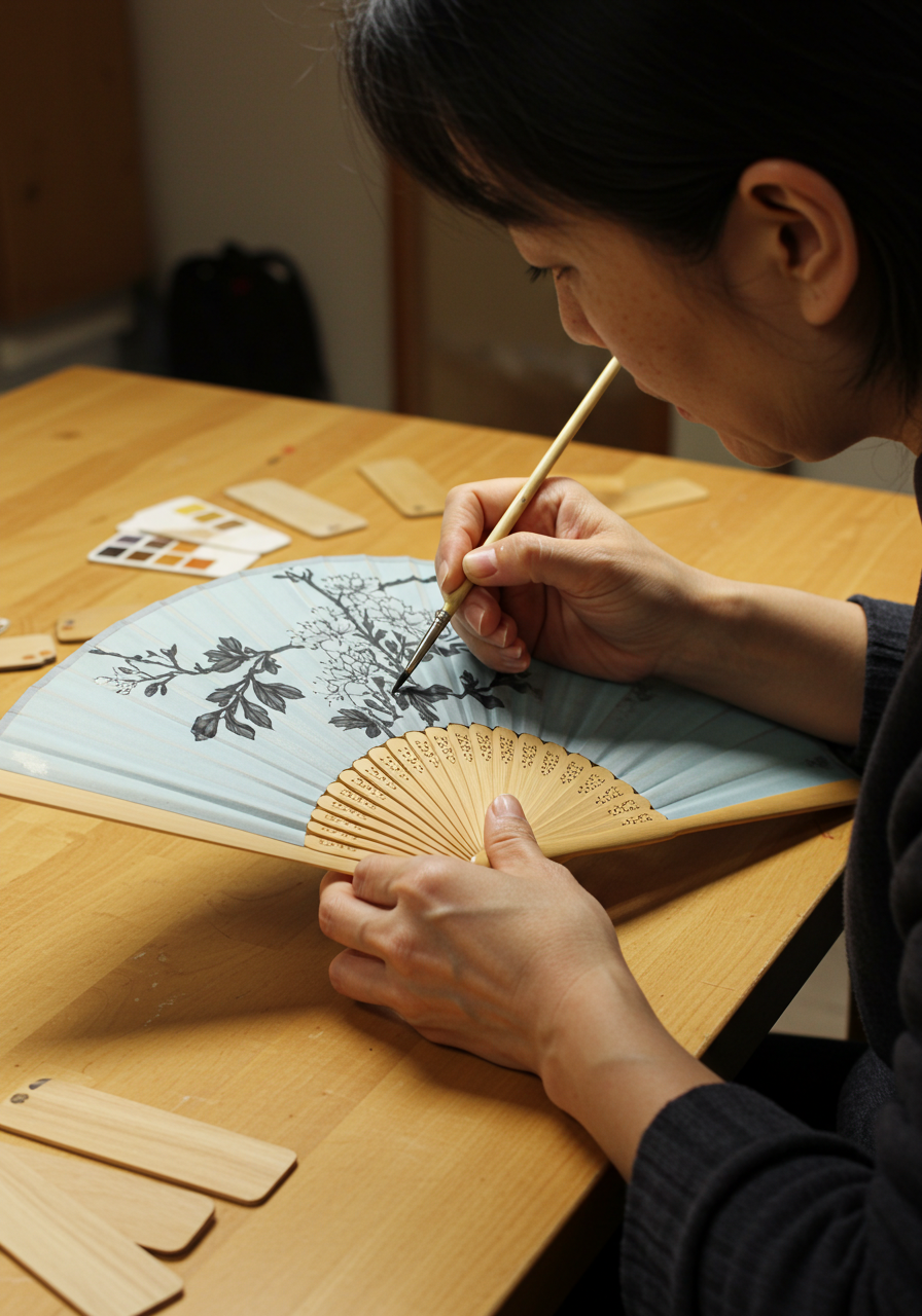 A woman carefully paints a decorative design on a hand fan, showcasing her artistic skills and creativity.